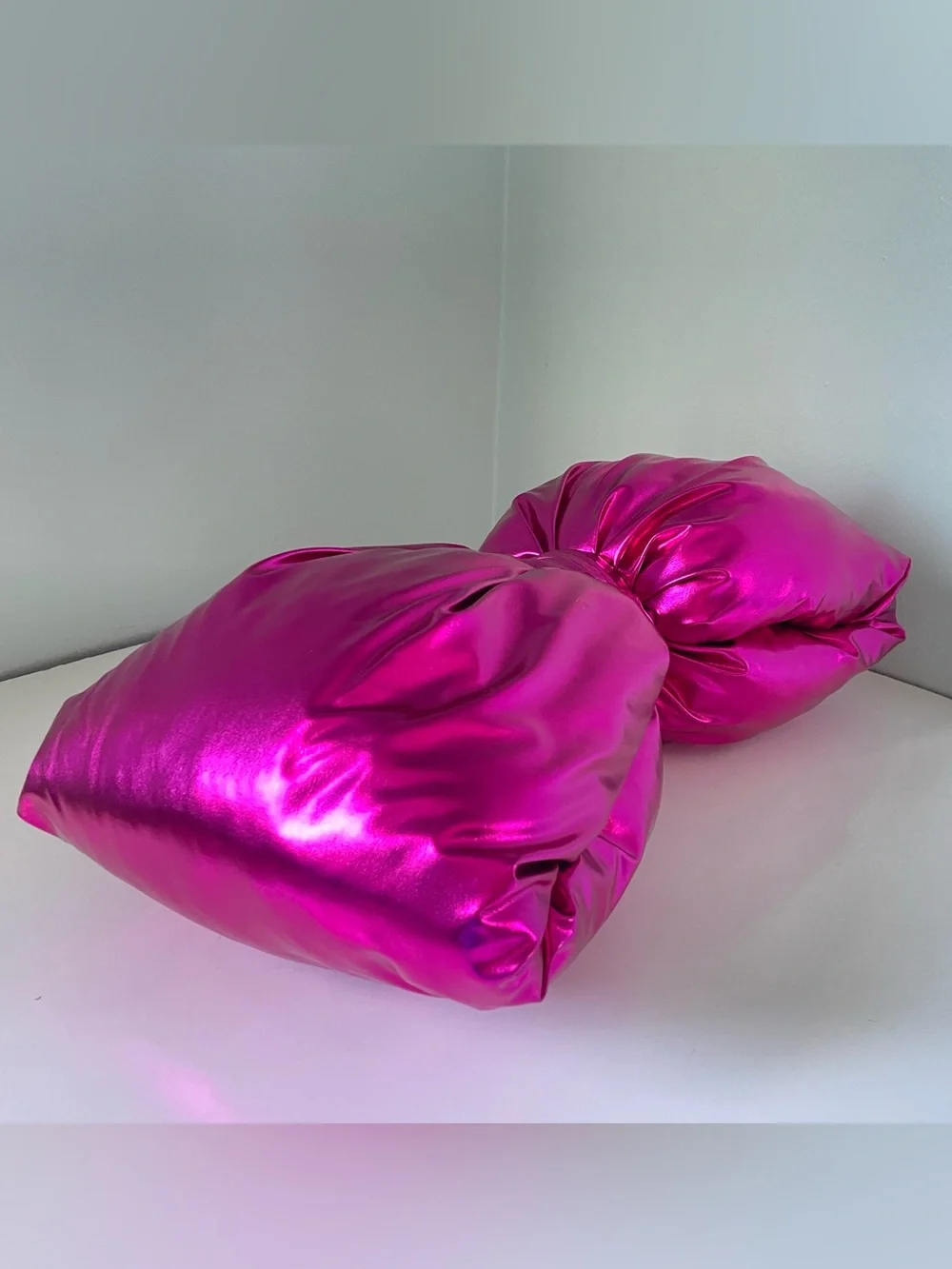 Decorative Hot Pink Bow Shaped Accent Pillow Metallic Faux Leather